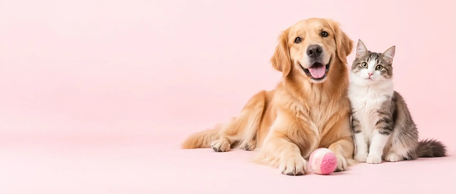Yan yana duran bir Golden Retriever ve kedi