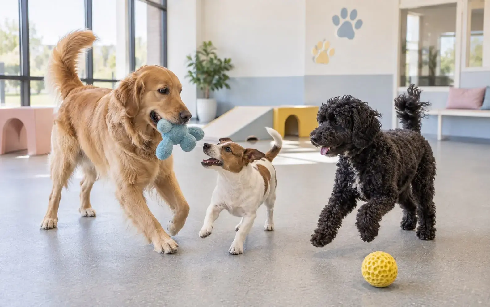 Kapalı oyun alanında birlikte oynayan üç köpek