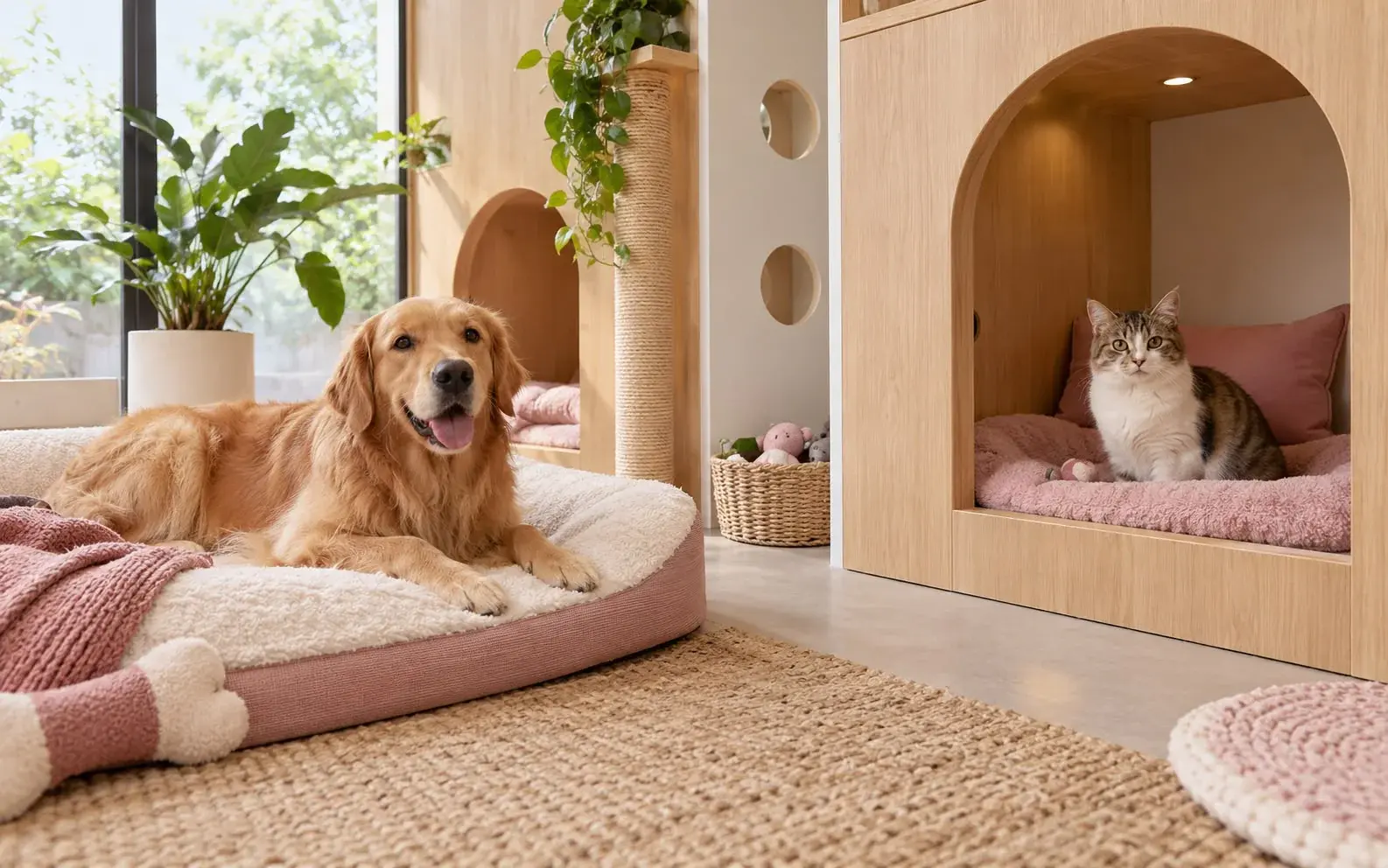 Dinlenme alanlarında Golden Retriever ve kedi